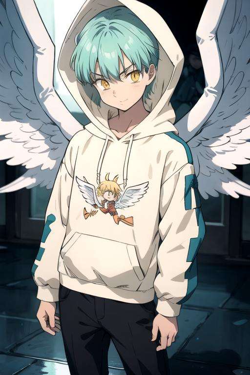 masterpiece, best quality, ultra-detailed, illustration, 1boy, solo, male focus, looking at viewer, , , <lora:sariel_nanatsu_no_taizai:0.74>, sariel_nanatsu_no_taizai, yellow eyes, aqua hair, angel wings, , hoodie