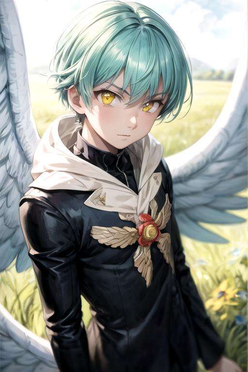 masterpiece, best quality, high quality, 1boy, solo, male focus, looking at viewer, upper body, depth of field, <lora:sariel_nanatsu_no_taizai:0.70>, sariel_nanatsu_no_taizai, yellow eyes, aqua hair, , ,