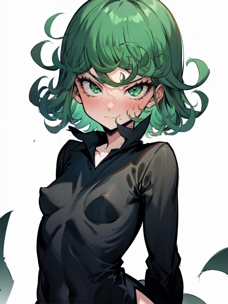 1girl, solo, tatsumaki, short hair, looking at viewer, black dress, small breasts, thick thighs, simple background, <lora:tatsumaki-ALK:1>, (contrapposto), embarrassed, arms behind back, upper body, long sleeves, white background