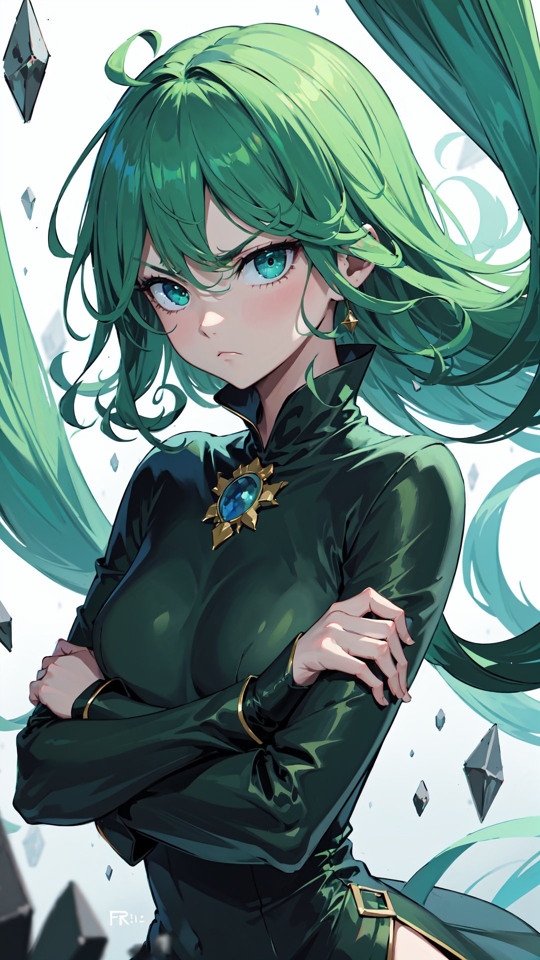 masterpiece, best quality, (detailed background), (beautiful detailed face, beautiful detailed eyes), absurdres, highres, ultra detailed, masterpiece, best quality, detailed eyes, :(, frown, green_eyes, green hair, crossed_arms, folded arms, floating, dark green tight dress, long_sleeves, high collar, <lora:EMS-17947-EMS:0.8>