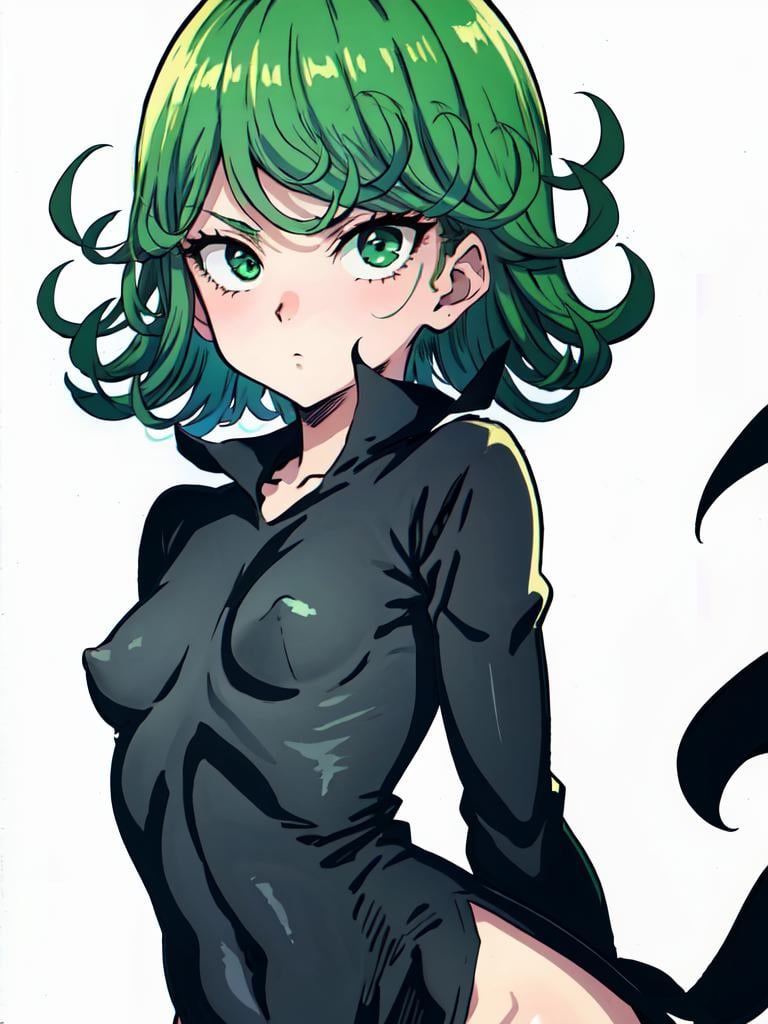 1girl, solo, tatsumaki, short hair, looking at viewer, black dress, small breasts, wide hips, simple background, <lora:tatsumaki-ALK:1>, (contrapposto:1.2), embarrassed, arms behind back, upper body, long sleeves, white background