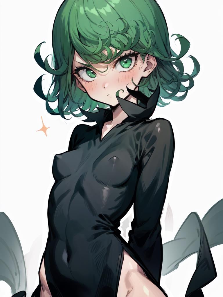 1girl, solo, tatsumaki, short hair, looking at viewer, black dress, small breasts, thick thighs, simple background, <lora:tatsumaki-ALK:1>, (contrapposto), embarrassed, arms behind back, upper body, long sleeves, white background
