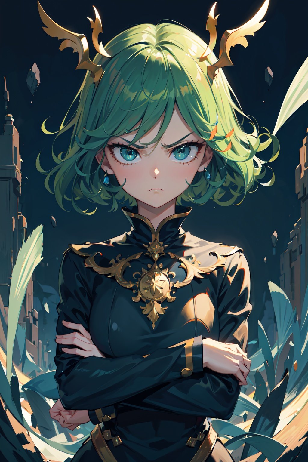 masterpiece, best quality, (detailed background), (beautiful detailed face, beautiful detailed eyes), absurdres, highres, ultra detailed, masterpiece, best quality, detailed eyes, :(, frown, green_eyes, green hair, crossed_arms, folded arms, floating, dark green tight dress, long_sleeves, high collar, <lora:EMS-17947-EMS:0.8>