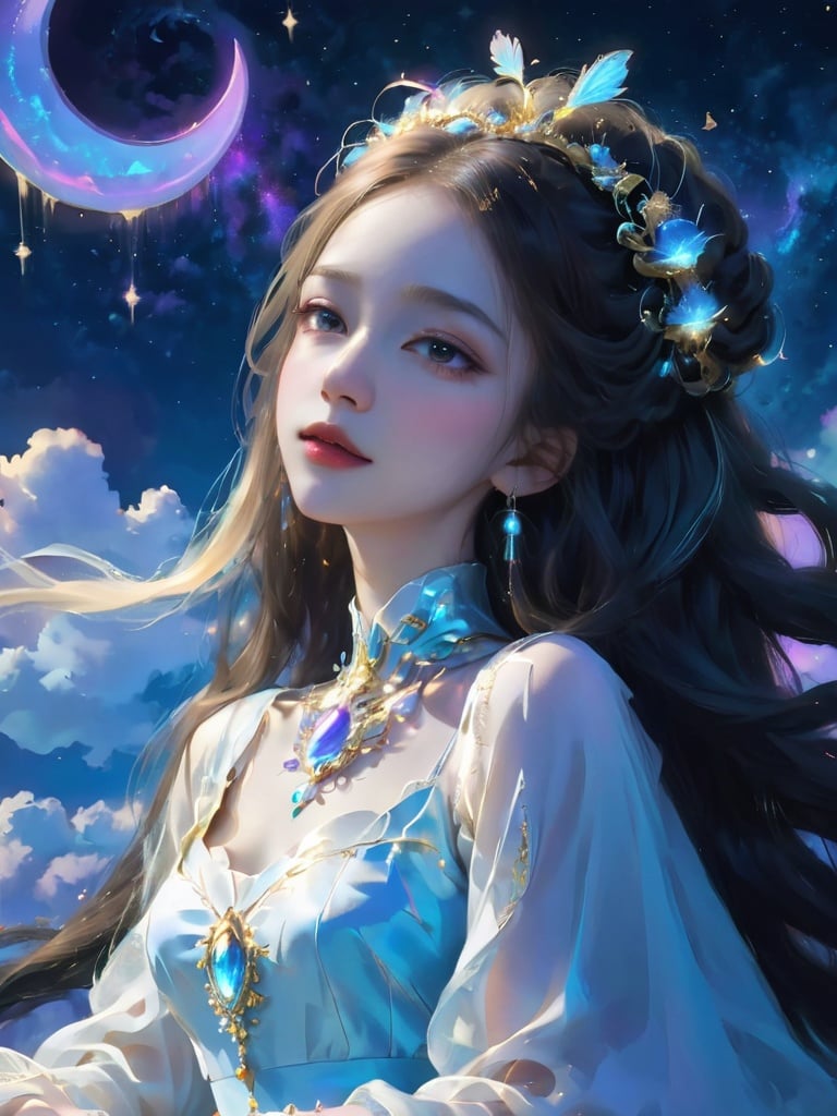 (Dreamweaver diva, phantasmal, surreal, night-sky hair, dreamscape, orchestrating, symphony of slumber, dress of dusk, floating among dreams, deep night, lullaby of the subconscious, dream orchestration scene,Neck,Unity, (from above):1.3),jianjue