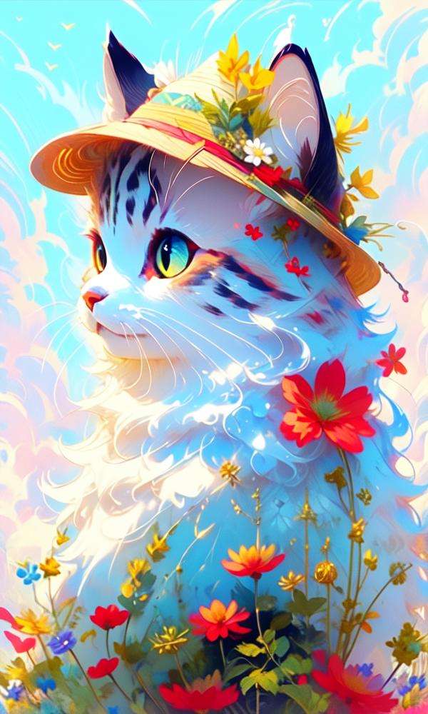 masterpiece, best quality, no humans, hat, flower, colored sclera, green eyes, cat, yellow sclera, whiskers, solo, animal focus, cloud, closed mouth, sky, hat flower, looking at viewer, upper body, white fur, masterpiece, best quality,