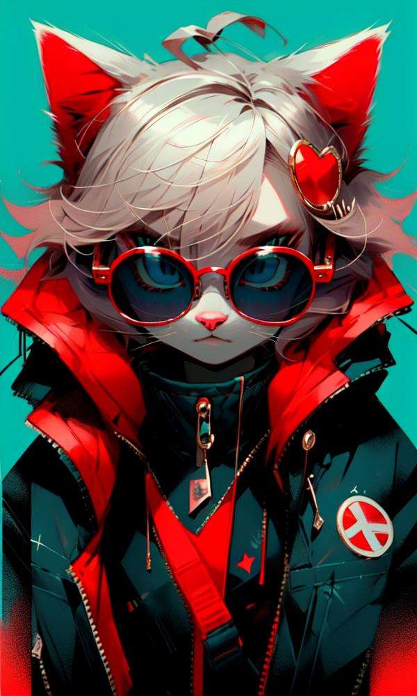 masterpiece, best quality, animal ears, 1girl, jacket, solo, furry, red background, furry female, looking at viewer, black jacket, white fur, white hair, upper body, zipper, glasses, simple background, blue eyes, closed mouth, sunglasses, round eyewear, tinted eyewear, bangs, ahoge, animal nose, cat ears, messy hair, red-framed eyewear, animal ear fluff, short hair, zipper pull tab, medium hair, sweater, masterpiece, best quality,