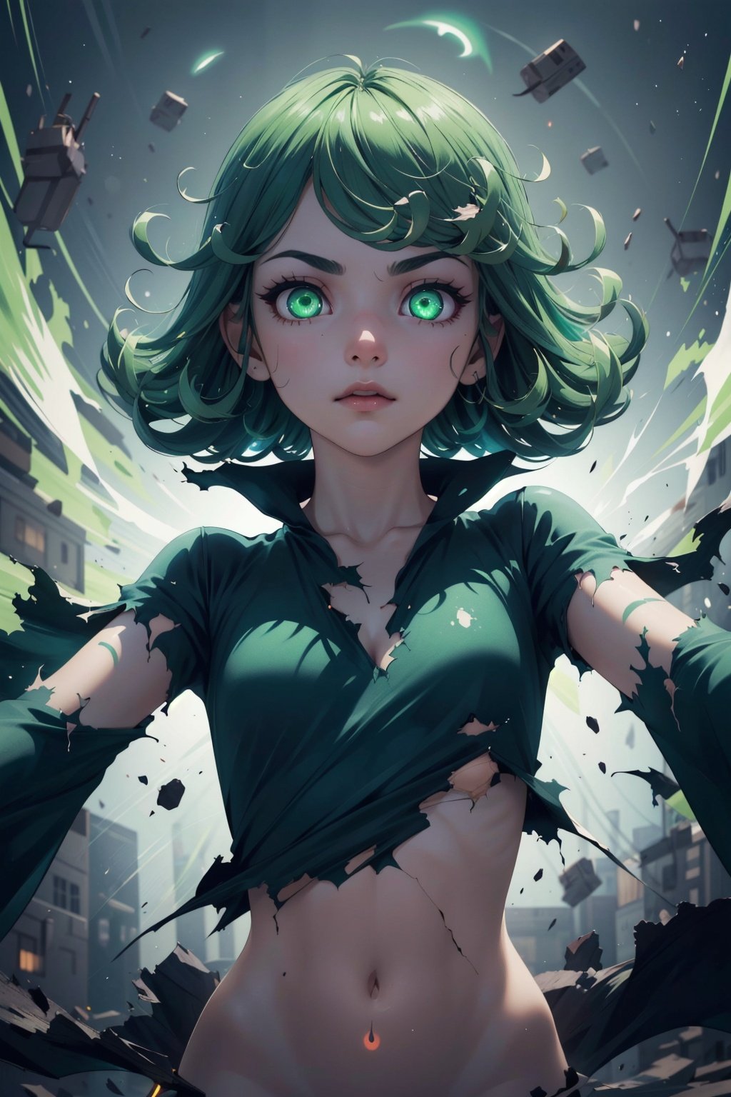 Highres, best quality, extremely detailed, area lighting in background, HD, 8k, 1girl, loli, small body, cute, (black dress, wide collar, cropped sleeves, Tatsumaki, levitating, green eyes, (glowing eyes:1.2), glowing energy, green, hovering, power pose, (torn clothes:1.2) extremely torn clothes
