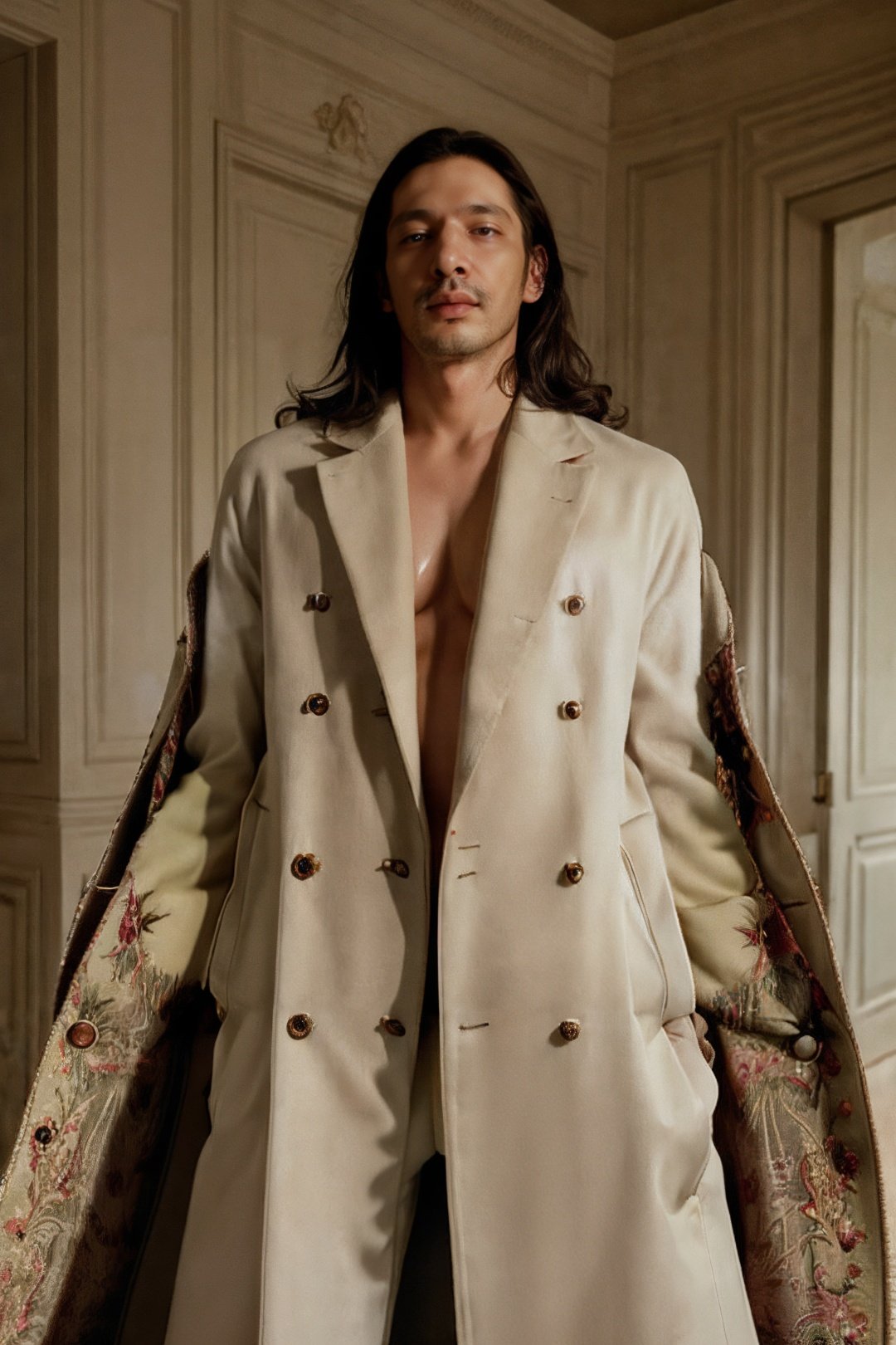masterpiece photography of man,a Full ((( long double-breasted coat man, Color sleeves, )))hyperrealistic, inspired by Alexander McQueen and Dolce & gabbana , AD Magazine photography, unreal engine rendered, <lora:arya-03:1>