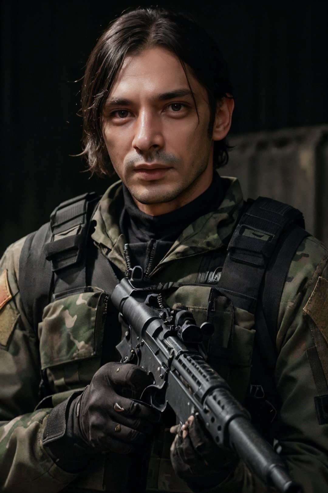 man army wearing black ops uniform, holding carbine rifle, anthropomorphic, super detail, ultra hd, 8k, real life, maximum facial detail, cinematic lighting, <lora:arya-03:1>