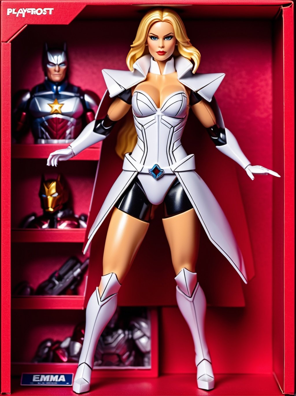 ActionFigureQuiron style, action figure, toy, doll, character print, (best quality:1.15), (masterpiece:1.15), (detailed:1.15), (realistic:1.2), (intricate:1.4), simple background, cover page, card, in a gift box, no humans, (emma frost), gift box, playset, in a box, full body, toy playset pack, in a gift box, premium playset toy box,<lyco:SDXL1.0_quiron_ActionFigure_v3_lycoris:0.57>