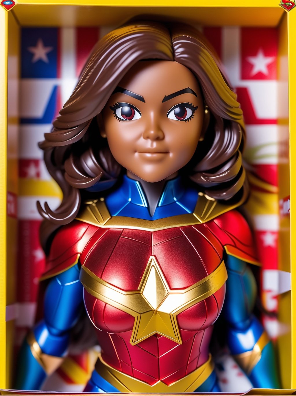 (8k, ultra quality, masterpiece:1.5), (Dutch angle:1.3), ActionFigureQuiron style,action figure box, solo, kamala khan,  focus,  bodysuit, superhero,box,action figure, toy, doll, character print, (best quality:1.15), (detailed:1.15), (realistic:1.2), (intricate:1.4),  cover page, card, in a gift box, no humans,  gift box, playset, in a box, full body, toy playset pack, in a gift box, premium playset toy box,<lyco:SDXL1.0_quiron_ActionFigure_v4.1_lycoris:1.0>