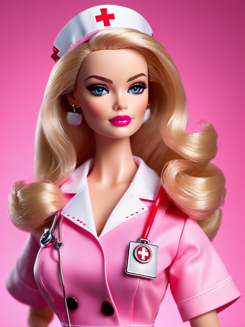 Ultra high resolution, high resolution, (masterpiece: 1.4), hyper-detail, 1girl, inboxDollPlaySetQuiron style, full body, no humans, doll, toy, barbie, in a gift box, character print, blonde hair, middle length hair, blight blue eyes, (((wearing a detailed pink theme nurse outfit and matching accessories:1.5))), pink sparkles, sprinkles, barbie pink color theme, beautiful female barbie, full lips, parted_lips, heavy make-up, smoky eyes, detailed eyes, pretty face,3DMM,inboxDollPlaySetQuiron style,(margot robbie),<lyco:sdxl1_quiron_inboxDollPlaySet_v3_lycoris:0.97>