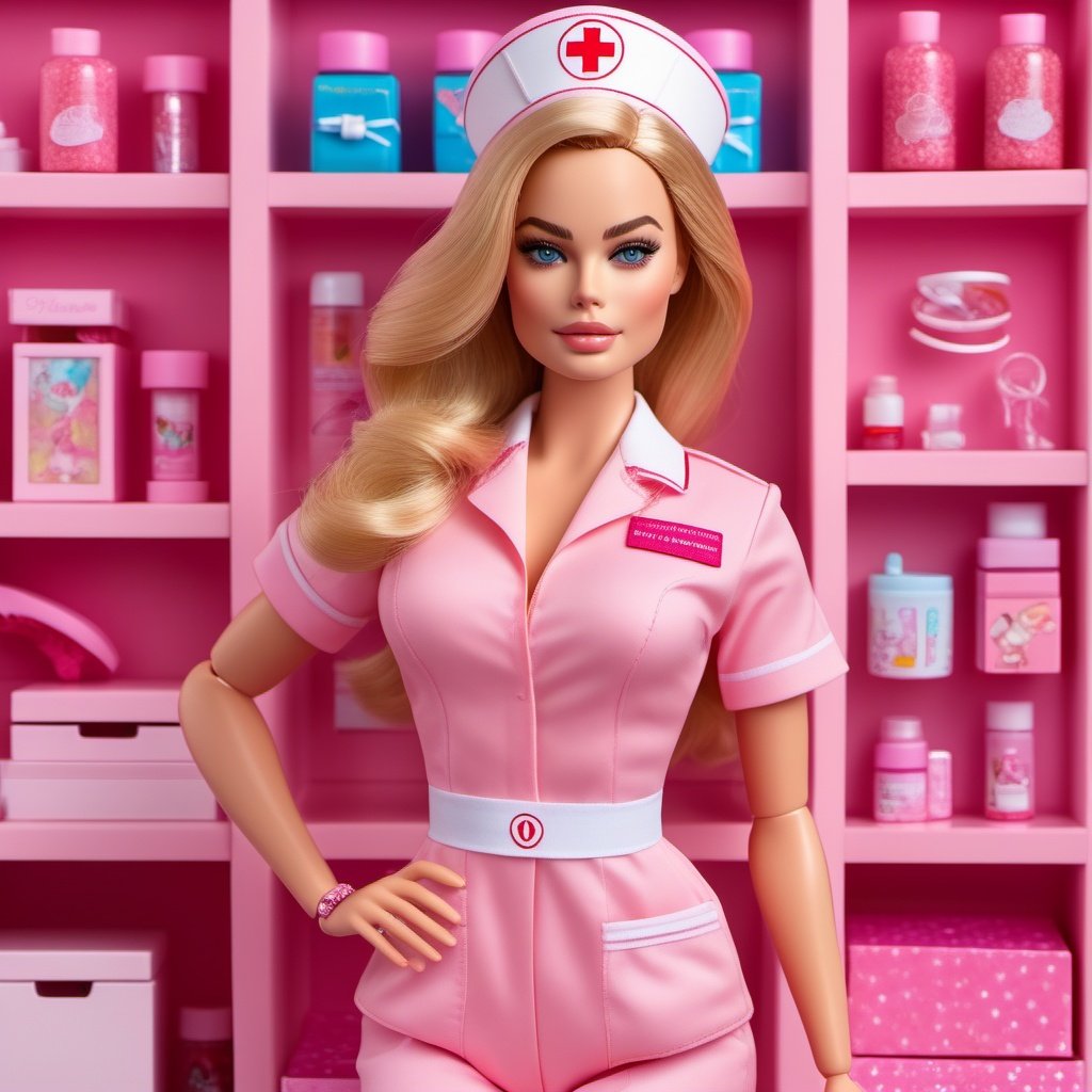 cinematic photo (inboxDollPlaySetQuiron style), Ultra high resolution, high resolution, (masterpiece), hyper-detail, full body, no humans, doll, toy, barbie, in a gift box, character print, blonde hair, middle length hair,(wearing a detailed pink theme nurse outfit and matching accessories), pink sparkles, sprinkles, barbie pink color theme, beautiful female barbie, full lips, parted_lips, heavy make-up, smoky eyes, detailed eyes, pretty face,3DMM,inboxDollPlaySetQuiron style, (margot robbie),<lyco:sdxl1_quiron_inboxDollPlaySet_v3_lycoris:0.67>