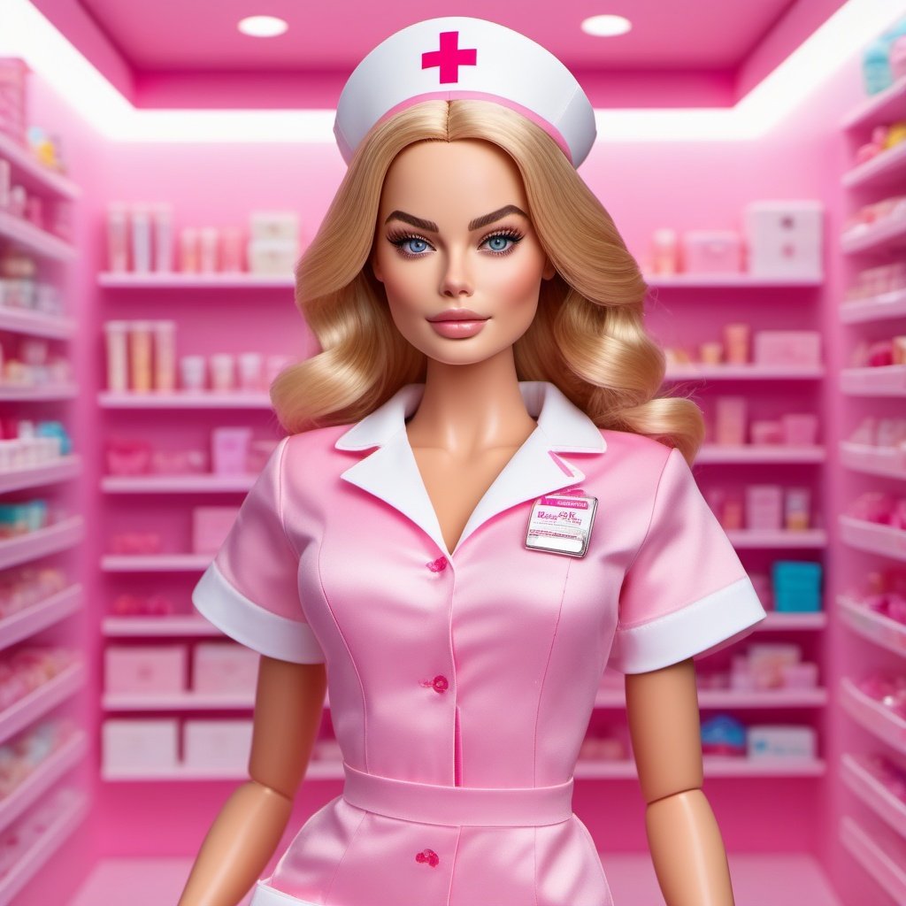 cinematic photo (inboxDollPlaySetQuiron style), Ultra high resolution, high resolution, (masterpiece), hyper-detail, full body, no humans, doll, toy, barbie, in a gift box, character print, blonde hair, middle length hair,(wearing a detailed pink theme nurse outfit and matching accessories), pink sparkles, sprinkles, barbie pink color theme, beautiful female barbie, full lips, parted_lips, heavy make-up, smoky eyes, detailed eyes, pretty face,3DMM,inboxDollPlaySetQuiron style, (margot robbie),<lyco:sdxl1_quiron_inboxDollPlaySet_v3_lycoris:0.97>