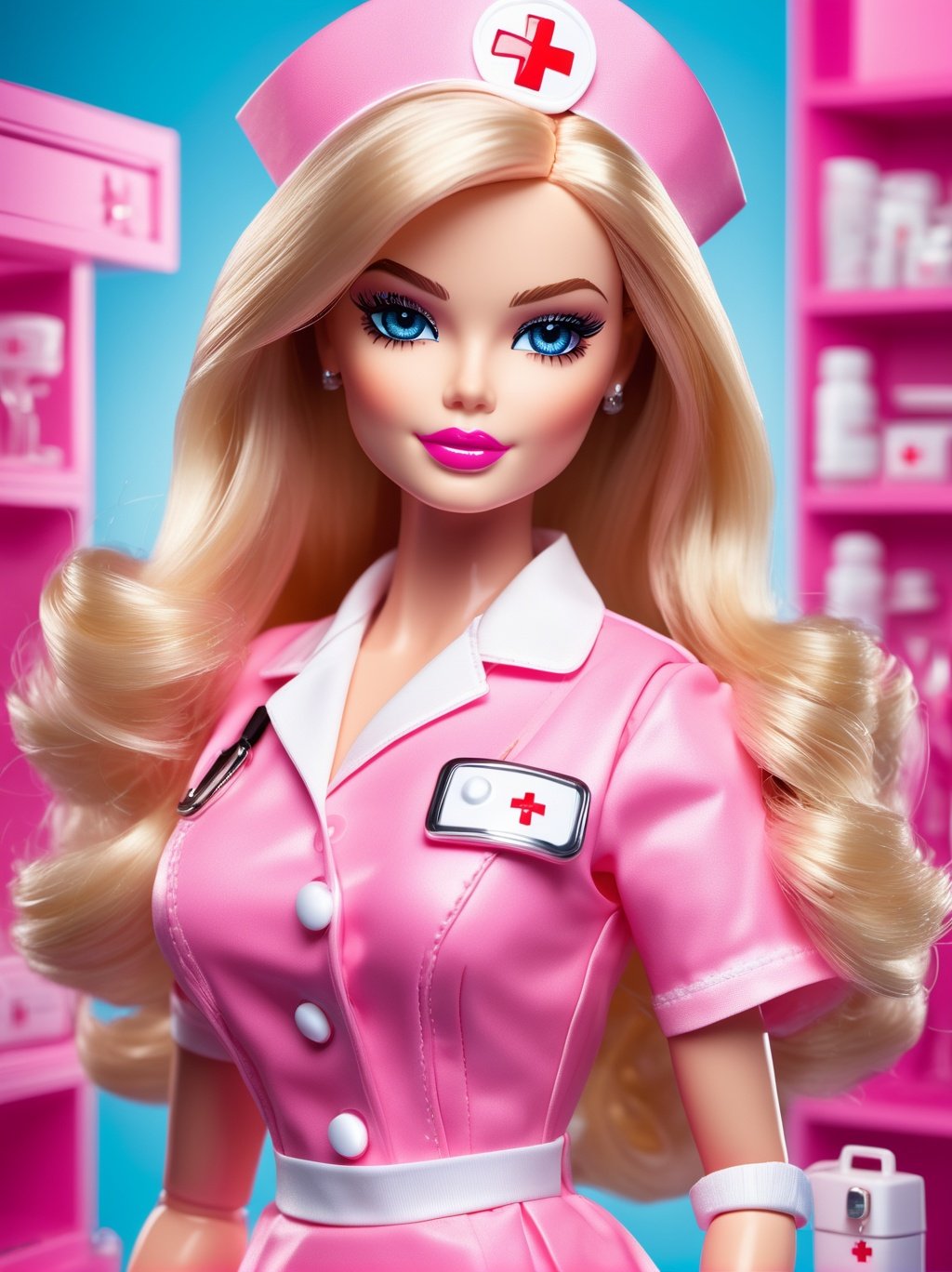 Ultra high resolution, high resolution, (masterpiece: 1.4), hyper-detail, 1girl, inboxDollPlaySetQuiron style, full body, no humans, doll, toy, barbie, in a gift box, character print, blonde hair, middle length hair, blight blue eyes, (((wearing a detailed pink theme nurse outfit and matching accessories:1.5))), pink sparkles, sprinkles, barbie pink color theme, beautiful female barbie, full lips, parted_lips, heavy make-up, smoky eyes, detailed eyes, pretty face,3DMM,inboxDollPlaySetQuiron style,(margot robbie),<lyco:sdxl1_quiron_inboxDollPlaySet_v3_lycoris:1.0>