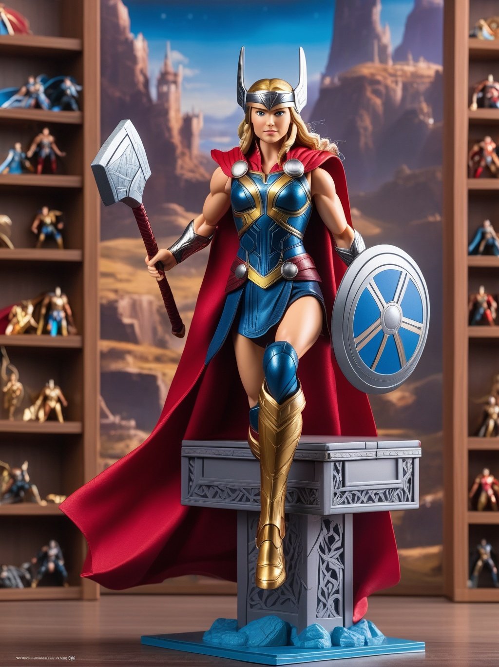 premium playset toy box, (masterpiece, best quality, ultra detailed, absurdres), (diorama:1.2), action figure box, (inboxDollPlaySetQuiron style), the superheoine lady Thor, (plastic toy playset pack), inside gift box,<lyco:sdxl1_quiron_inboxDollPlaySet_v3_lycoris:0.97>