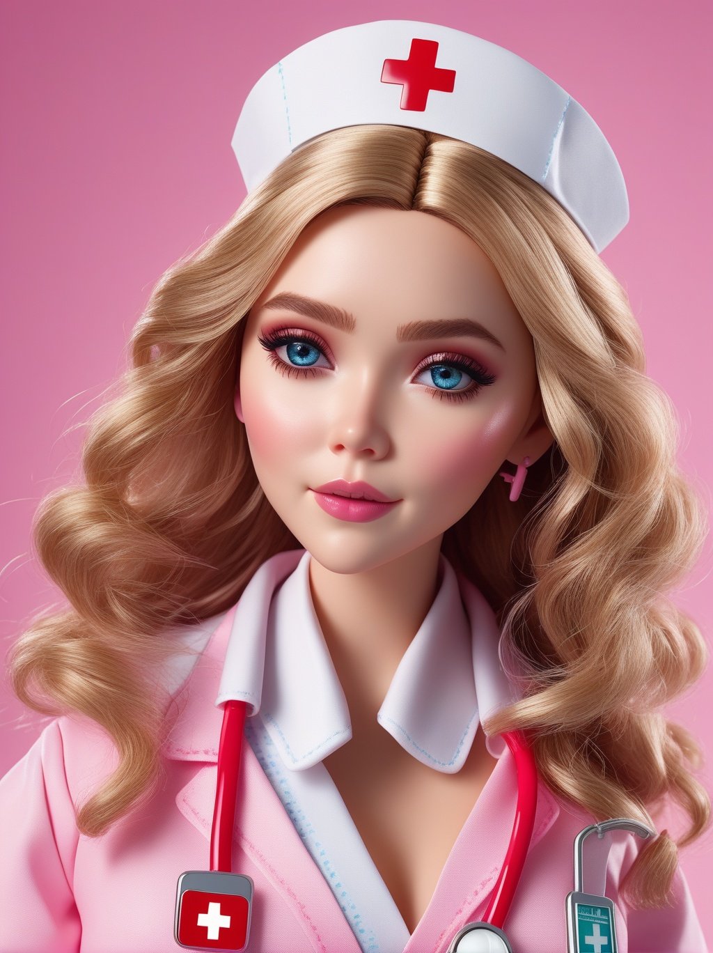 Ultra high resolution, high resolution, (masterpiece: 1.4), hyper-detail, 1girl, (inboxDollPlaySetQuiron style), full body, no humans, doll, toy, barbie, in a gift box, character print, (((wearing a detailed color theme nurse outfit and matching accessories:1.5))), pink sparkles, sprinkles, barbie  color theme, beautiful female barbie, full lips, parted_lips, heavy make-up, smoky eyes, detailed eyes, pretty face,3DMM,inboxDollPlaySetQuiron style,(elizabeth olsen:1.3),  <lyco:SDXL1.0_quiron_inboxDollPlaySet_v5.1_lycoris:0.97>