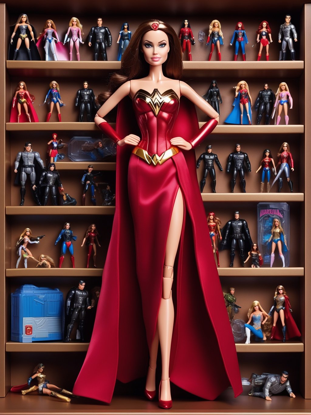 premium playset toy box, (masterpiece, best quality, ultra detailed, absurdres),(inboxDollPlaySetQuiron style), the barbie superheroine angelina jolie, (plastic toy playset pack), inside gift box, <lyco:SDXL1.0_quiron_inboxDollPlaySet_v5.1_lycoris:0.97>