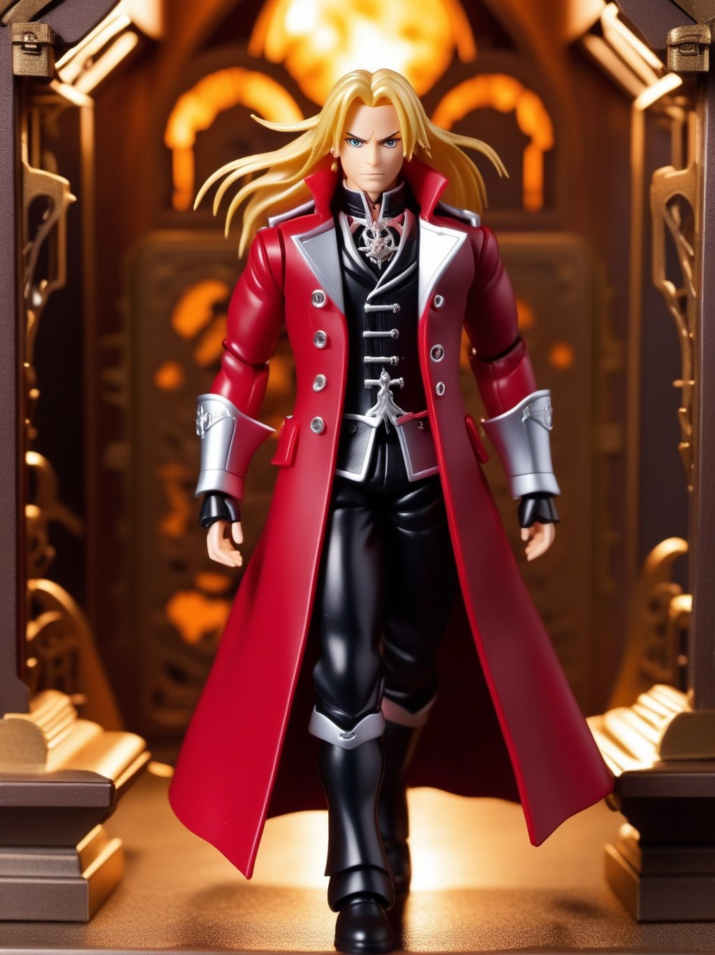 premium playset toy box, (masterpiece, best quality, ultra detailed, absurdres),(inboxDollPlaySetQuiron style), the barbie superheroine Edward Elric (Fullmetal Alchemist): Edward's iconic red coat is adorned with silver trim and features an alchemical symbol on the back. Underneath, he wears a black undershirt, pants, and boots, along with a silver pocket watch. (plastic toy playset pack), inside gift box, <lyco:SDXL1.0_quiron_inboxDollPlaySet_v5.1_lycoris:0.97>