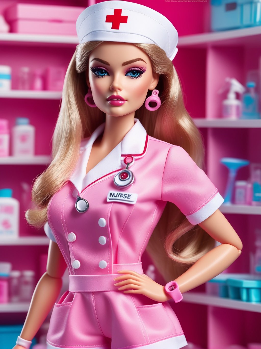 Ultra high resolution, high resolution, (masterpiece: 1.4), hyper-detail, 1girl, (inboxDollPlaySetQuiron style), full body, no humans, doll, toy, barbie, in a gift box, character print, blonde hair, middle length hair, blight blue eyes, (((wearing a detailed pink theme nurse outfit and matching accessories:1.5))), pink sparkles, sprinkles, barbie pink color theme, beautiful female barbie, full lips, parted_lips, heavy make-up, smoky eyes, detailed eyes, pretty face,3DMM,inboxDollPlaySetQuiron style,(Mila Kunis:1.3),  <lyco:SDXL1.0_quiron_inboxDollPlaySet_v5.1_lycoris:0.97>