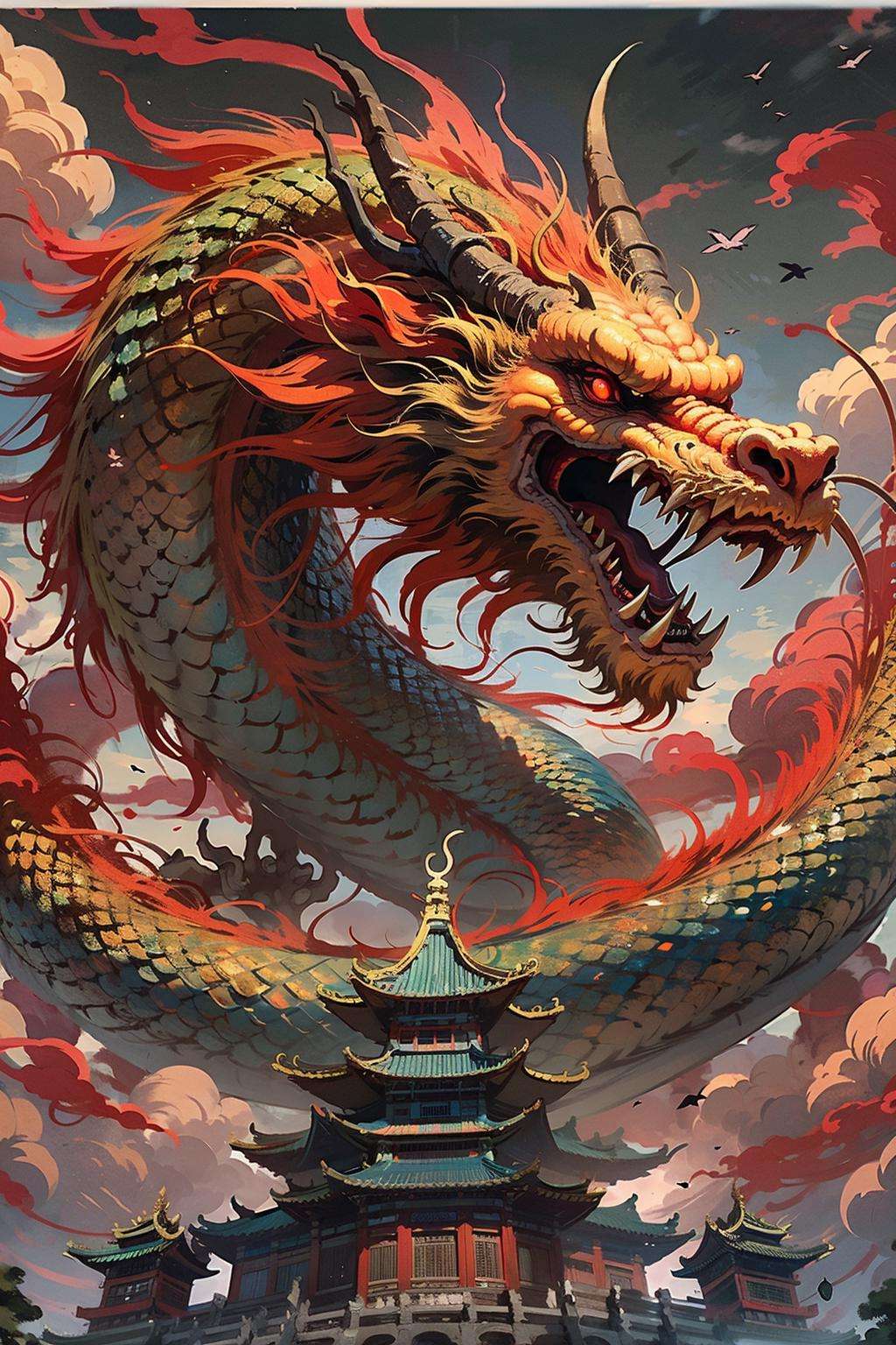Best quality,masterpiece,ultra high res,nu no humans, (long:1.2),<lora:long-000020:0.8>,  east asian architecture, architecture, cloud, open mouth, cloudy sky, red eyes, sky, teeth, fangs, outdoors, building, scales, eastern dragon, sharp teeth, glowing, horns, flying