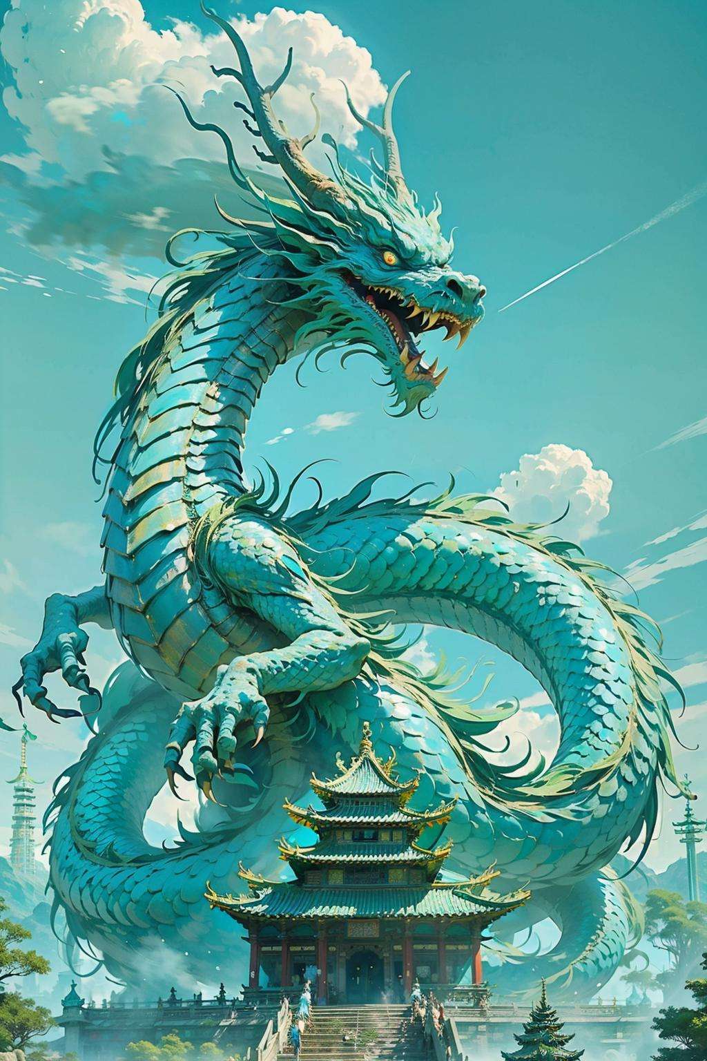 Best quality,masterpiece,ultra high res,nu no humans, (long:1.2),<lora:long-000020:0.8>, eastern dragon, east asian architecture, sky, architecture, outdoors, cloud, day, mountain, open mouth, blue sky, teeth, scales, sharp teeth, horns, glowing, fangs, tree, glowing eyes, pagoda, scenery
