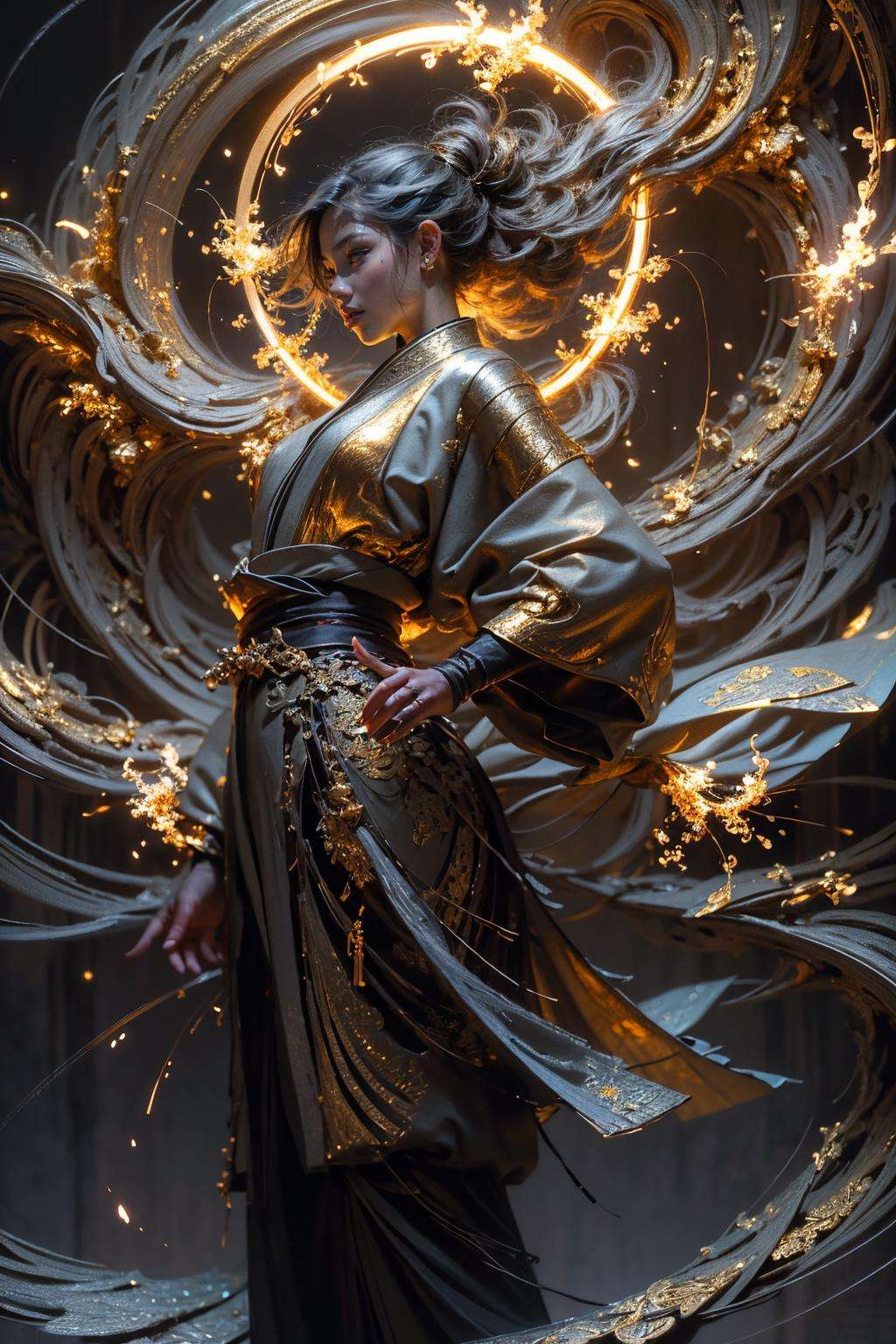 Best quality,masterpiece,ultra high res,solo,<lora:roujinzhi:0.8>1girl, ,roujinzhi,Chinese Zen style,impactful picture,translucent and glowing metallic patterns,(glowing metal objects hovering in the air and surrounding him:1.2),(Electric arcs and sparks:1.2),(flow of energy:1.2),(translucent magnetic lines:1.2),(golden silver grey and shimmering light effects:1.2),