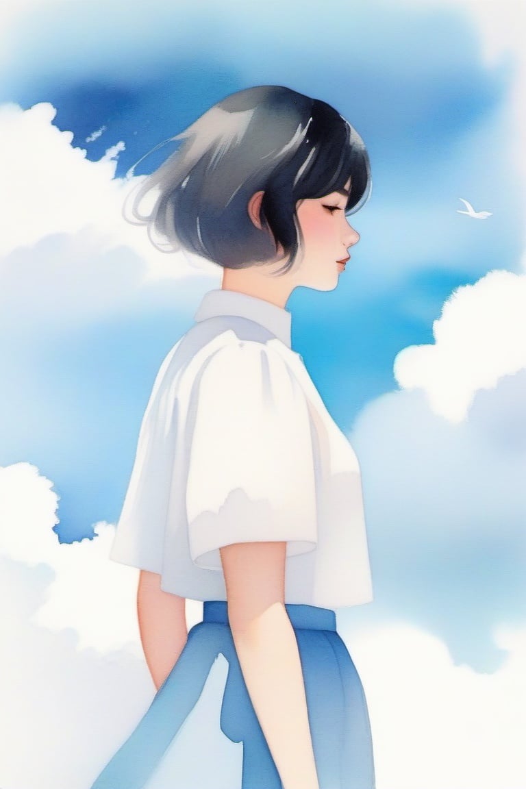 the image of a woman and a bird in the sky, cloud, solo, short hair, sky, short sleeves, black hair, shirt, blue sky, cloudy sky, day, white shirt, from side, profile, outdoors, skirt, upper body, white skirt, dress,watercolor \(medium\),