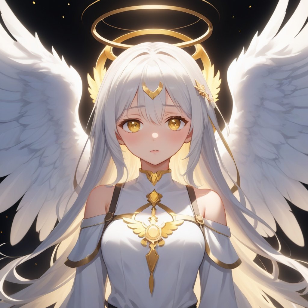 anime, (), illustration,heaven background, 1girl, white hair, golden eyes, long hair, halo, angel wings, serene expression, looking at viewer, 8k, high resolution