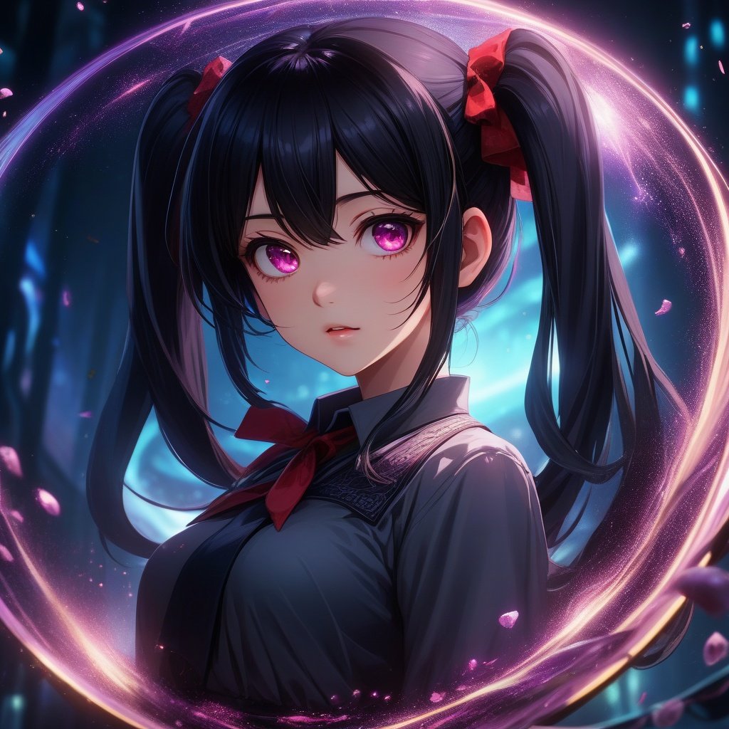 anime, (masterpiece:1.2, best quality), (finely detailed beautiful eyes: 1.2), (detailed background,dark fantasy), (beautiful detailed face), high contrast, (best illumination, an extremely delicate and beautiful), ((cinematic light)), colorful, hyper detail, dramatic light, intricate details, (1 girl, solo,black hair, sharp face,low twintails,red eyes, hair between eyes,dynamic angle), (blood splatter:1.4), swirling black light around the character, depth of field,black light particles,(broken glass),magic circle, 8k, high resolution
