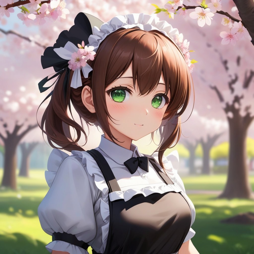 anime, 1girl, brown hair, multicolored hair, green eyes, maid, maid headdress, maid apron, cherry blossoms, sunbeam, wallpaper, 8k, high resolution