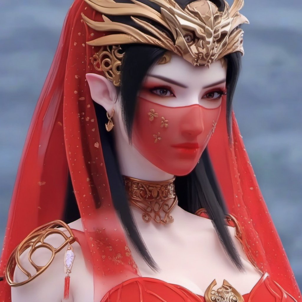 Exquisite skin details,1girl,The best quality, the masterpiece, black hair, red veil,meidusha
,upper body
