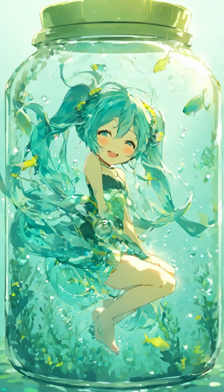 <lora:inajarresized:1>, in a jar, in container, hatsune miku, underwater, fish, swimming, blue hair, smile