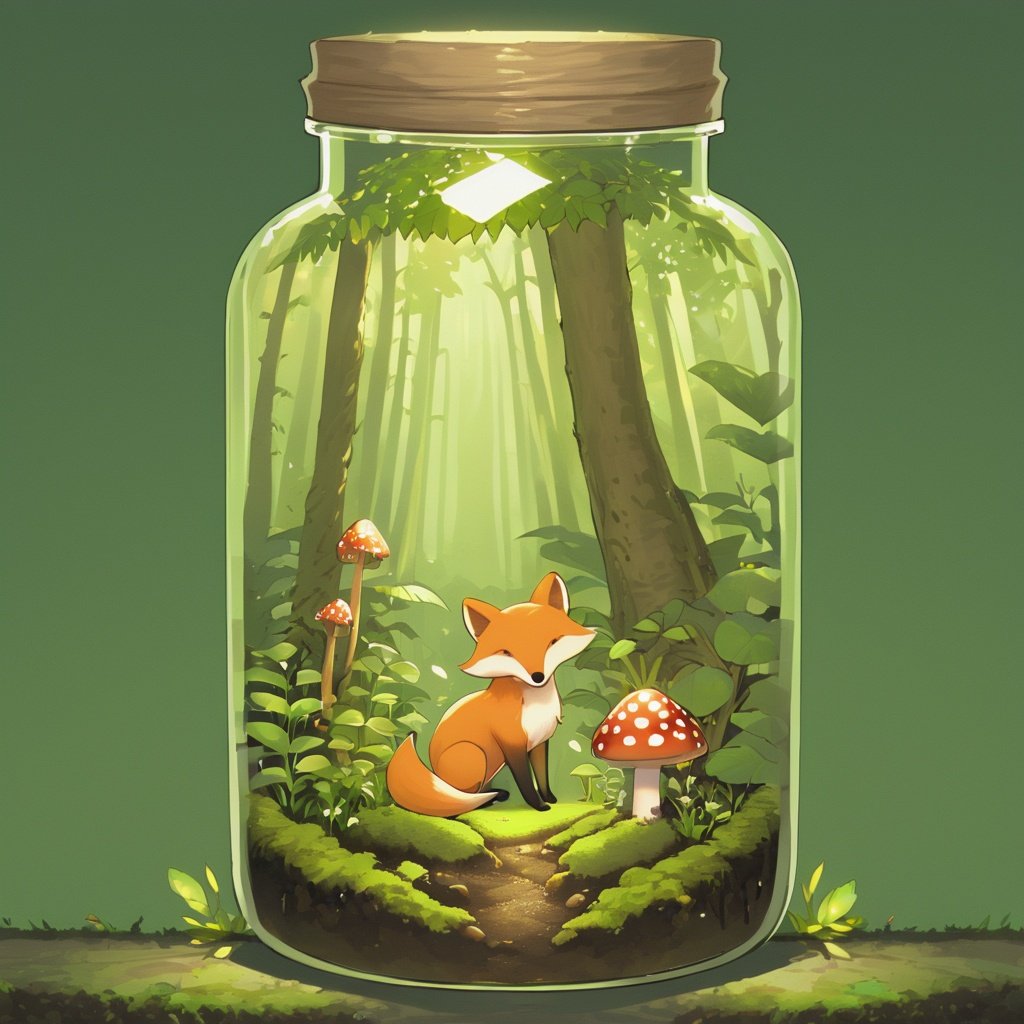 in a jar, in container, a scenery, forest, mushrooms, fox, dirt, terrarium <lora:inajarresized:1>