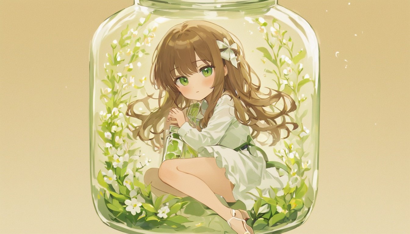in a jar, in container, 1girl, long hair, bangs, wavy hair, brown hair, green eyes, looking at viewer, blush, sitting, knees up, in container, tan background, white flower, long sleeves, white dress, ribbon, bottle, jar  <lora:inajarresized:1>