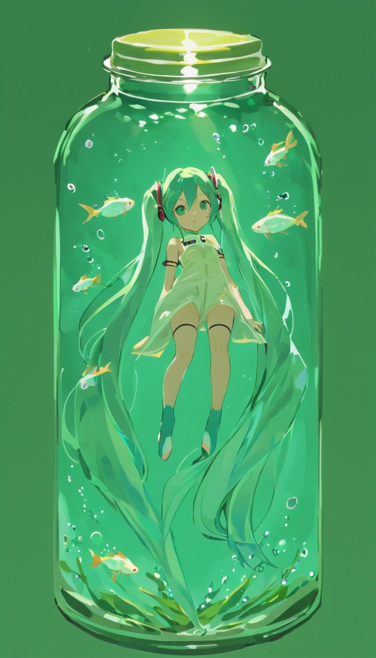 <lora:inajarresized:1>, in a jar, in container, hatsune miku, underwater, fish, swimming