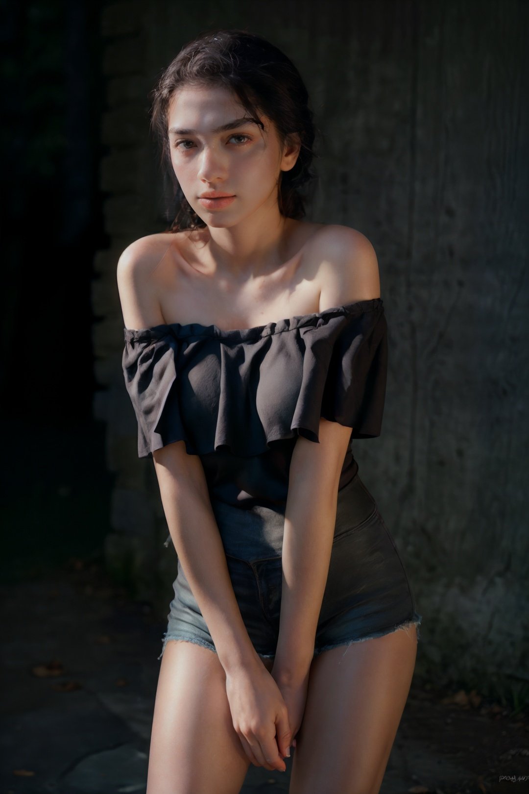Best quality, masterpiece, ultra high res, (photorealistic:1.4), raw photo, 1girl, offshoulder, in the dark, deep shadow, low key, cold light,  <lora:4ngel_v1-000003:0.8>