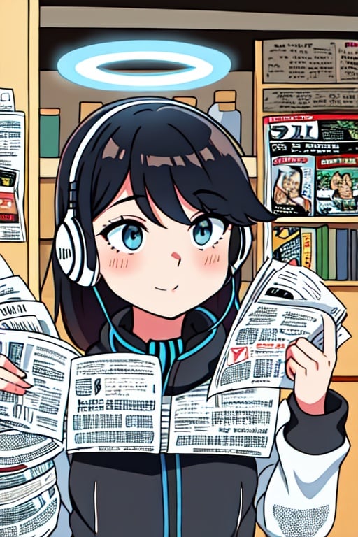 At the center of the frame is a savvy woman listening through headphones, surrounded by a scatter of newspapers and magazines. A halo appears on one of her hands, indicating that she has grasped some information that others are not privy to.