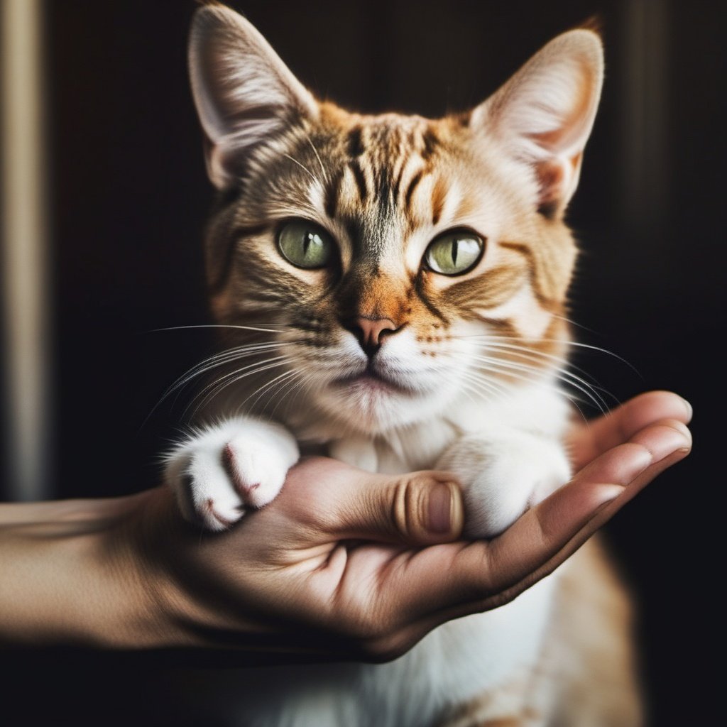 cat, hand hold a cat, photography, realistic,awarding photo, 