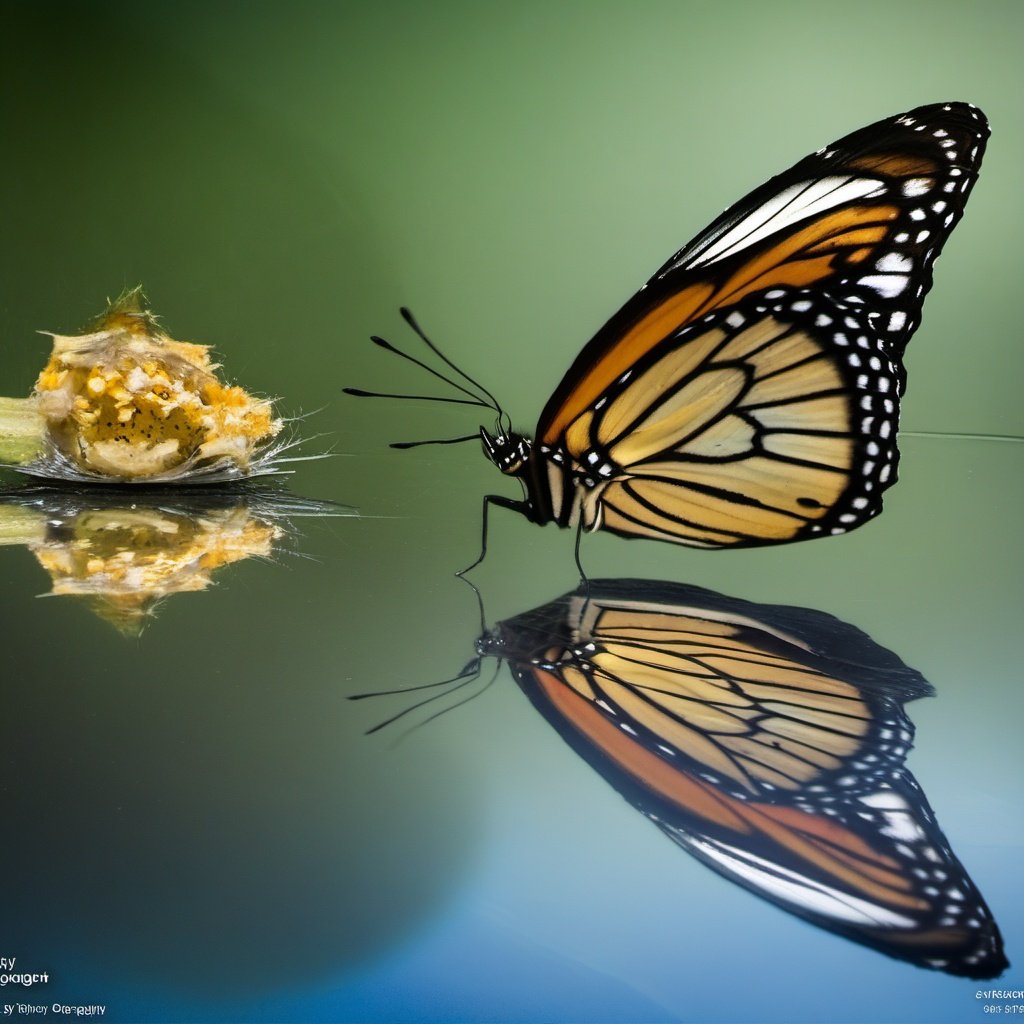 butterfly, reflection, realistic, light particles, animal, wings, mirror, photography, realistic,awarding photo, 