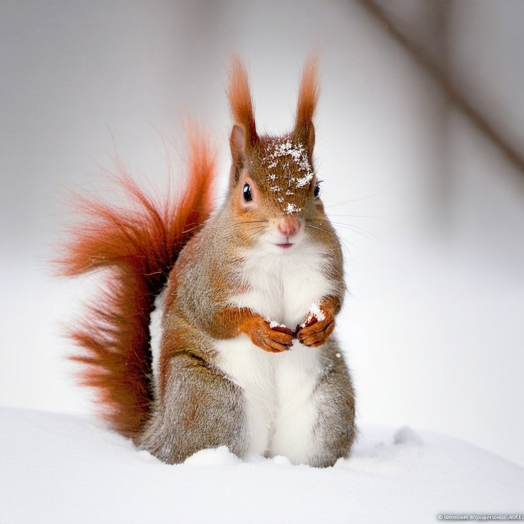 red squirrel, no humans, snow, realistic, animal, animal focus, outdoors, blurry, day, sitting, solo,  photography, realistic,awarding photo, 