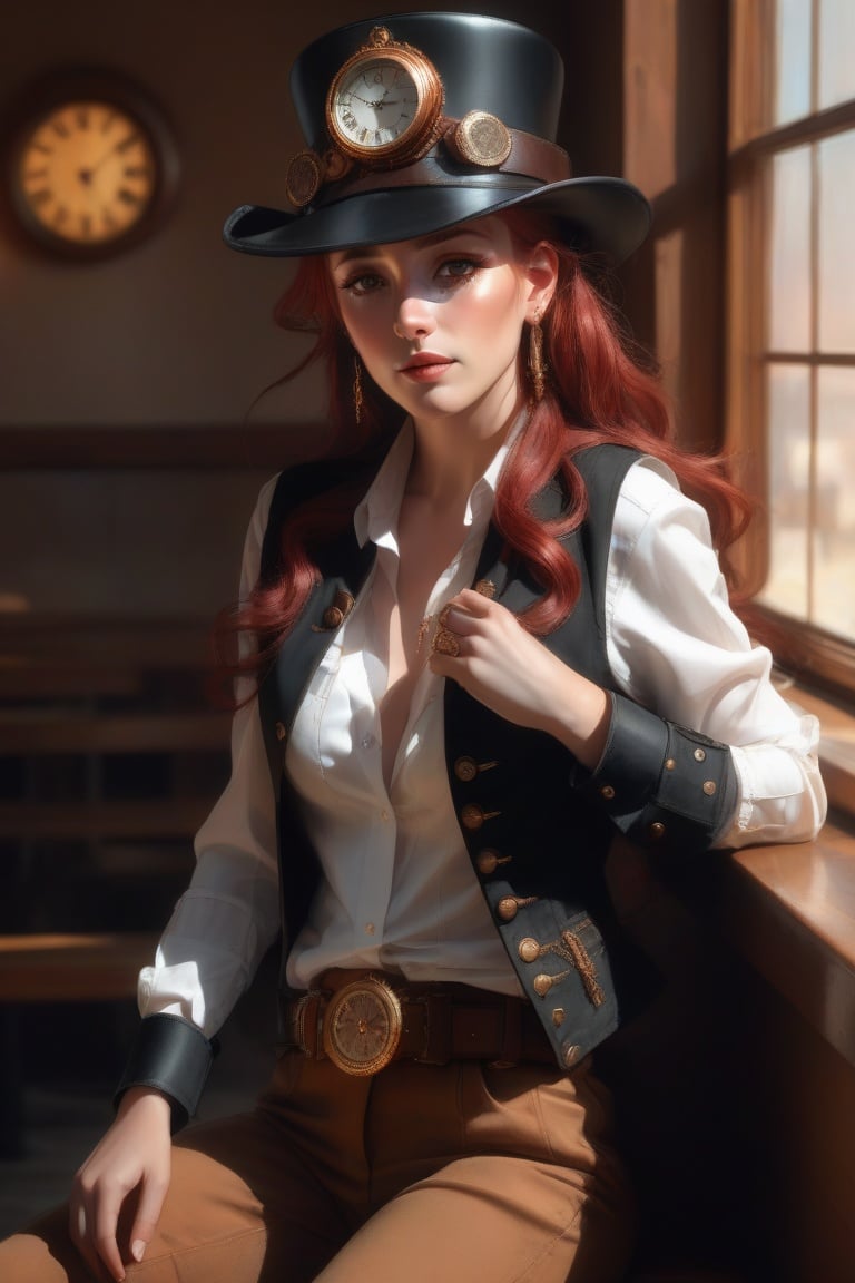 HZ steampunk,Masterpiece, highres,natural volumetric lighting and best shadows,highly detailed face, highly detailed facial features,1girl, hat, steampunk, stool, solo, sitting, bottle, belt, red hair, pants, clock, top hat, hand on hip, looking at viewer, brown eyes, shirt, jewelry, indoors, jacket, smile, white shirt, breasts, cup, holding, long hair, brown pants, black headwear, boots, long sleeves, earrings, bar (place), collared shirt, bar stool, brown vest, buttons, black jacket, table, buckle