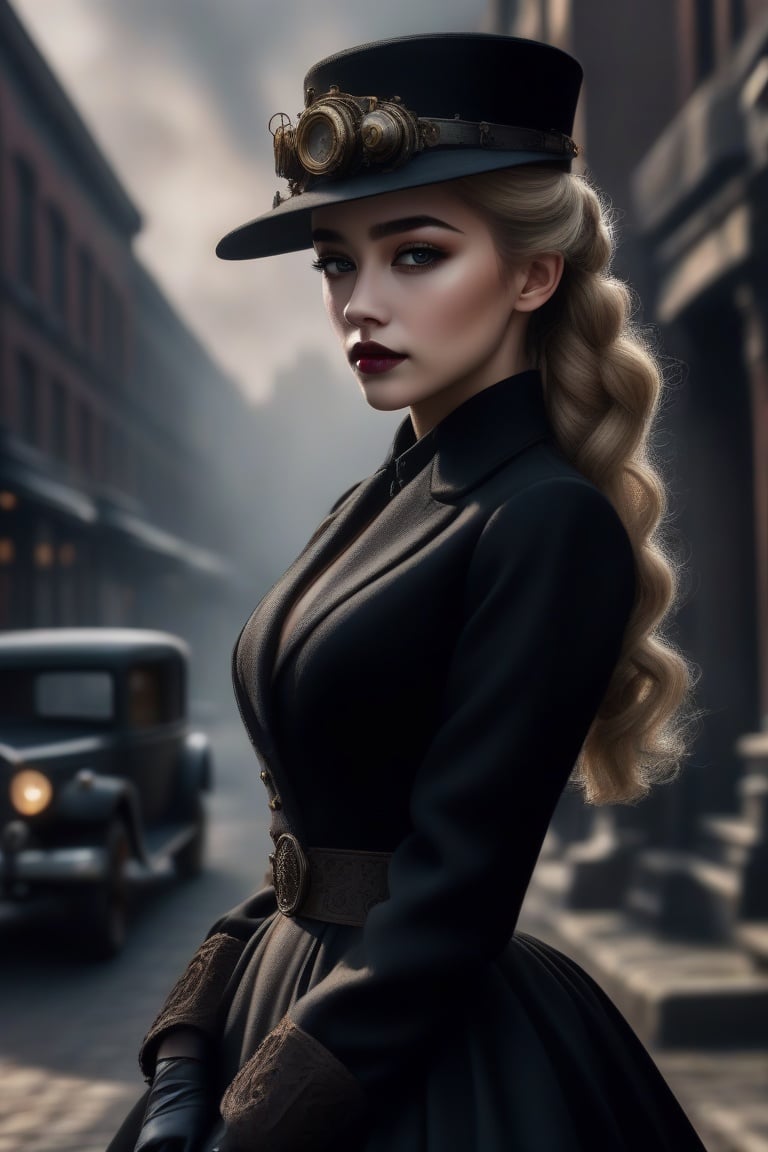 HZ steampunk,Masterpiece, highres,natural volumetric lighting and best shadows,highly detailed face, highly detailed facial features, 1girl with all black clothes, hat, gloves, ground vehicle, solo, black gloves, outdoors,dim light, blonde hair, hair up, blurry, car, motor vehicle, blurry background, black headwear, dress, jewelry, building, black dress, lips, realistic, coat, grey sky, long sleeves, standing, black smoke fills the air