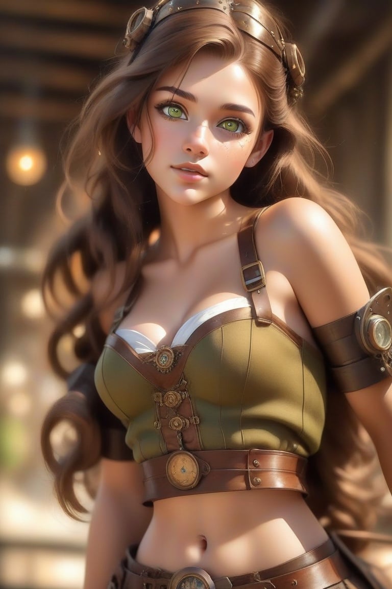 HZ steampunk,Masterpiece, highres,natural volumetric lighting and best shadows,highly detailed face, highly detailed facial features, 1girl, steampunk, solo, green eyes, breasts, navel, brown hair, cleavage,very light smile, looking at viewer, midriff, bustier, long hair, lips, jewelry, earrings, medium breasts, freckles, belt