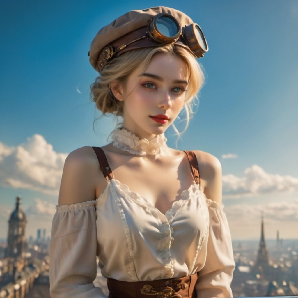 1 European girl sitting on train infront of a wide window through which blue sky and city views can be seen, warm light,steampunk