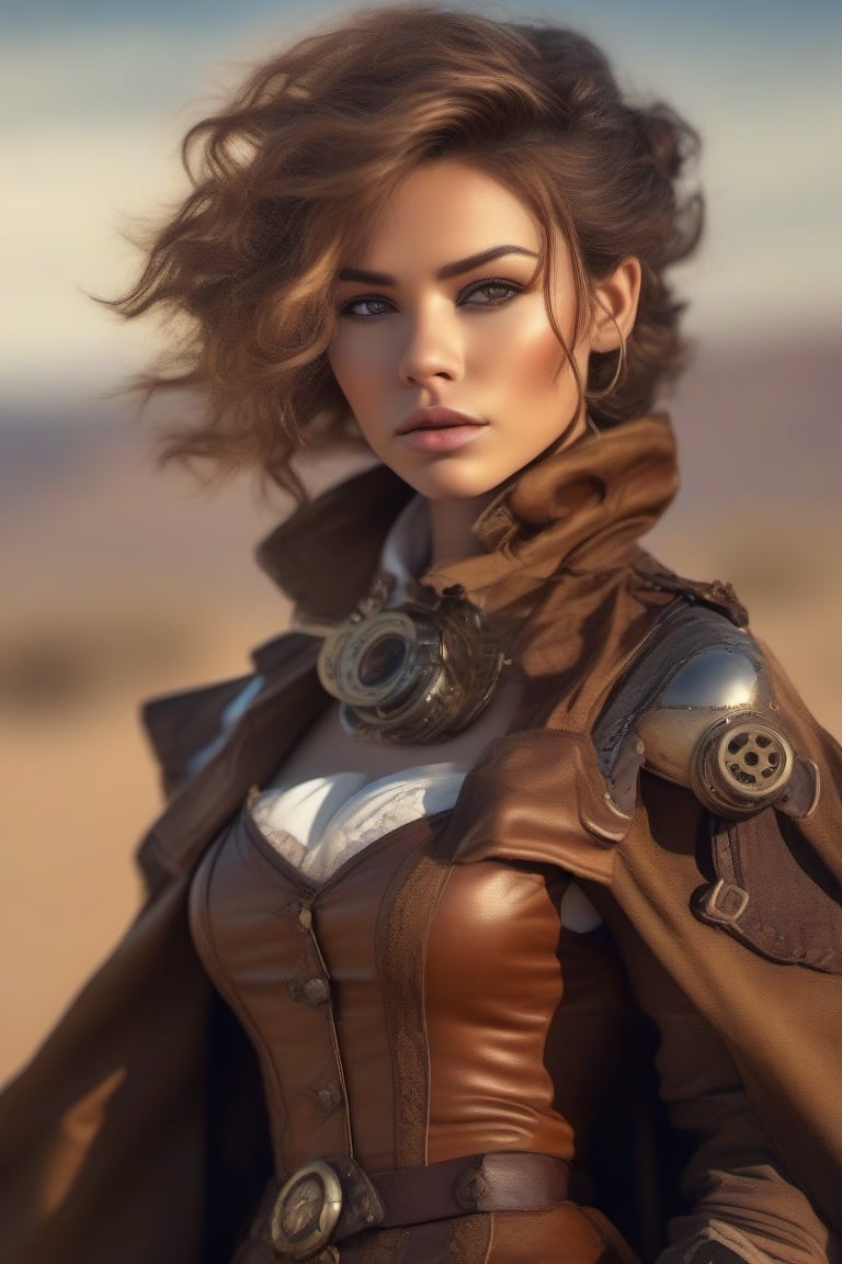 HZ steampunk,Masterpiece, highres,natural volumetric lighting and best shadows,highly detailed face, highly detailed facial features, 1 mature woman,steampunk,athletic, brown and messy hair, weapon, gloves, blurry desert background, brown skin, gun, looking at viewer, blurry, lips, outdoors, cape, belt, cloak, short hair,