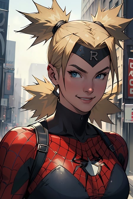 manga illustration, masterpiece, best quality, ultra-detailed, medium close-up Portrait of beautiful TemariNS in the iconic spider-woman outfit, solo, blonde hair, ((quad_tails)), looking_at_viewer, standing up, closed_mouth, smile, vibrant New York City background, portrait, volumetric lighting, best quality, masterpiece, intricate details, tonemapping, sharp focus, hyper detailed, trending on Artstation, <lora:TemariNS:1>