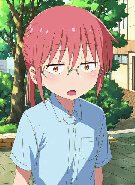 masterpiece, best quality, ultra-detailed, illustration, <lora:kdm-style-v05:1>, kdm-style, kobayashi /(maidragon/),1girl, :o, bangs, blush, brown eyes, building, collared shirt, day, glasses, hair between eyes, looking at viewer, open mouth, outdoors, ponytail, upper body, red hair,  shirt, solo, tree