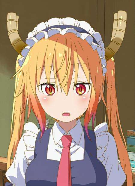 masterpiece, best quality, ultra-detailed, illustration, <lora:kdm-style-v05:1>, kdm-style, tohru /(maidragon/), 1girl, bangs, blonde hair, blush, collared shirt, dragon girl, dragon horns, gradient hair, hair between eyes, horns, long hair, looking at viewer, maid, maid headdress, multicolored hair, necktie, open mouth, parted lips, red eyes, red necktie, shirt, slit pupils, solo, twintails, upper body, white shirt