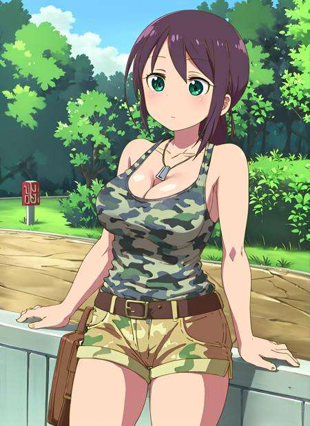 masterpiece, best quality, ultra-detailed, illustration, <lora:kdm-style-v05:0.9>,  1girl, solo, upper body, outdoors,  <lora:yamatoAkiTHEIdolmSTER_v24:0.7> yamato_aki, purple hair, low ponytail, single sidelock, green eyes, long hair, medium breasts, collarbone, green tank top, camouflage, cleavage, dog tags, brown shorts, short shorts, belt